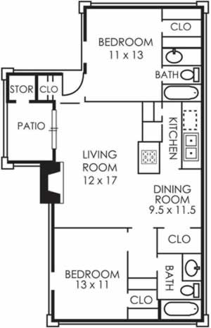B2 Two Bedroom / Two Bath - 940 Sq. Ft.*